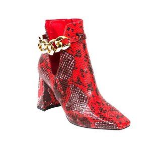 Stylish Womens Red Snake Print High Heel Party Ankle Boot With Chain